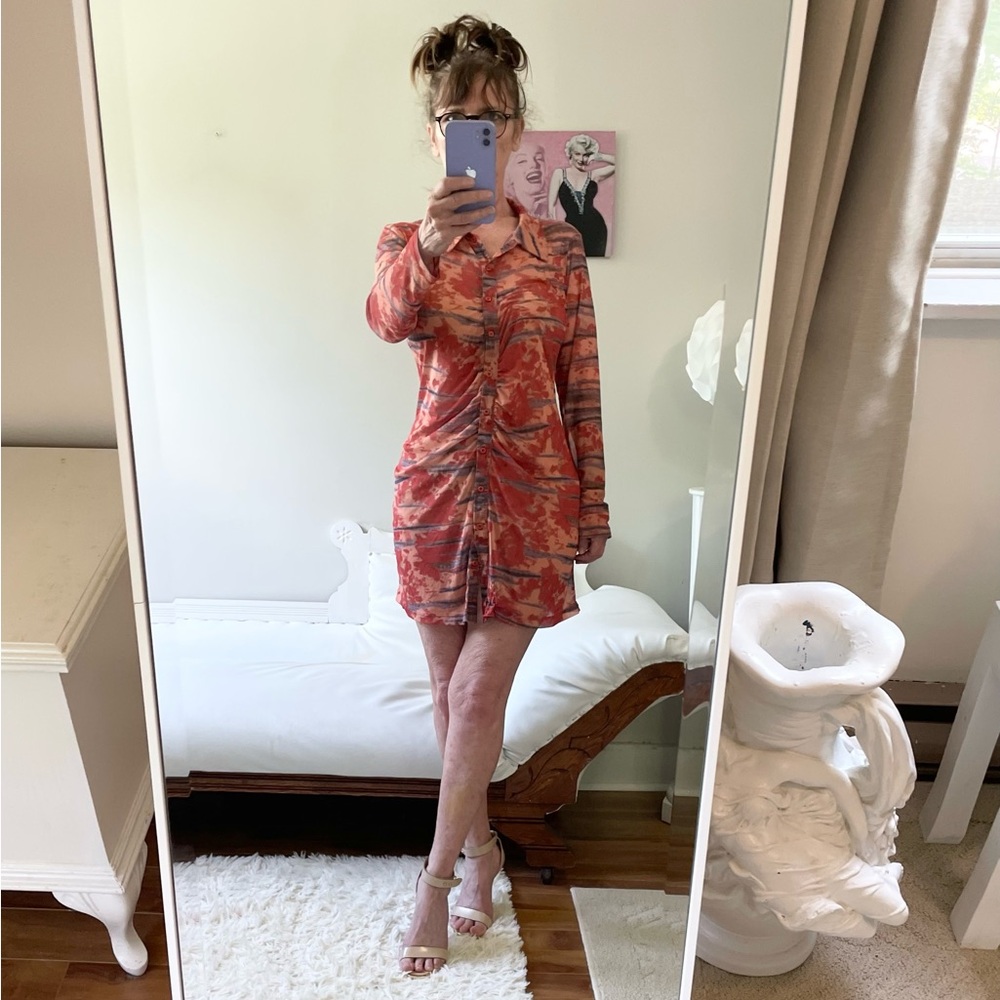 ORANGE PURPLE CORAL LONG SLEEVE SHEER SHIRT DRESS BUTTON FRONT COLLAR RUCHED
